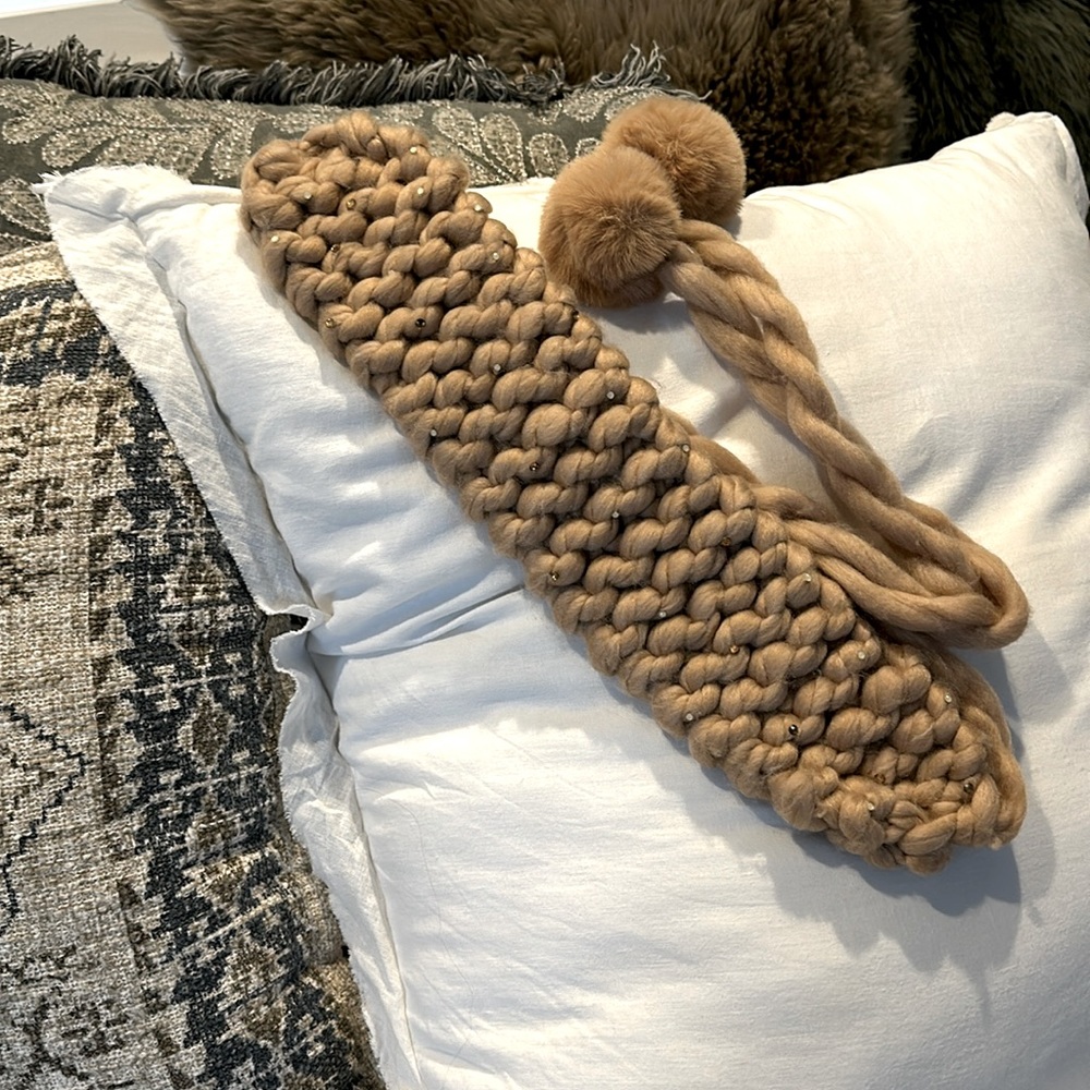 Anthropologie | knitted head scarf with rhinestones and furry poms